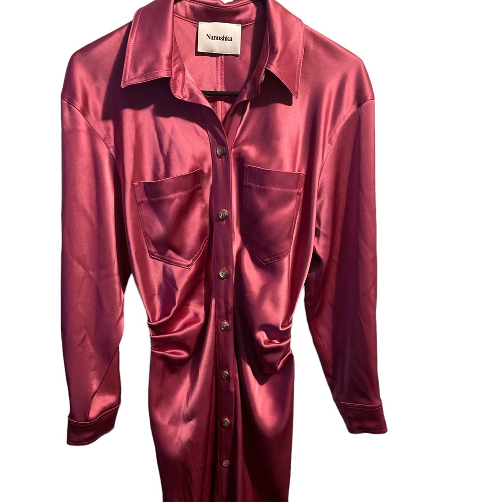 Nanushka Pink Collard Satin Dress. Size Small